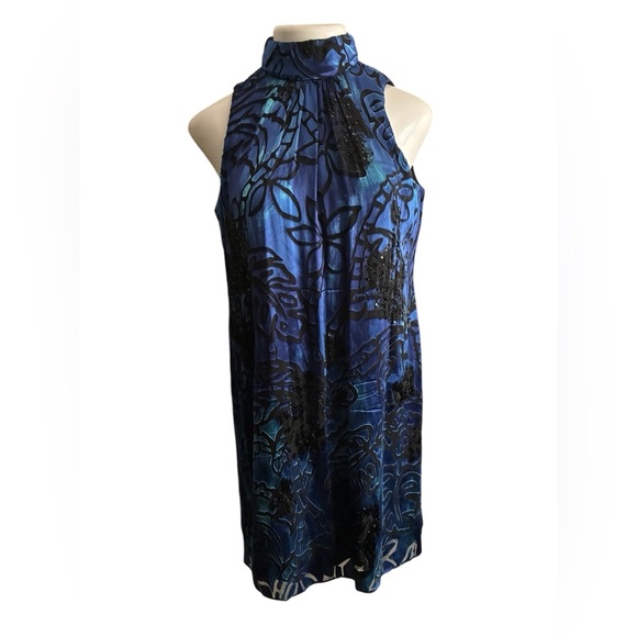 Alex Evenings Silk Blend Blue & Black Beaded Halter Mini Dress 8 - Picture 3 of 16